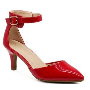 Women's Pointy Toe High Mid Heel Ankle Strap Patent Harlow Pump Dress Shoe Red
